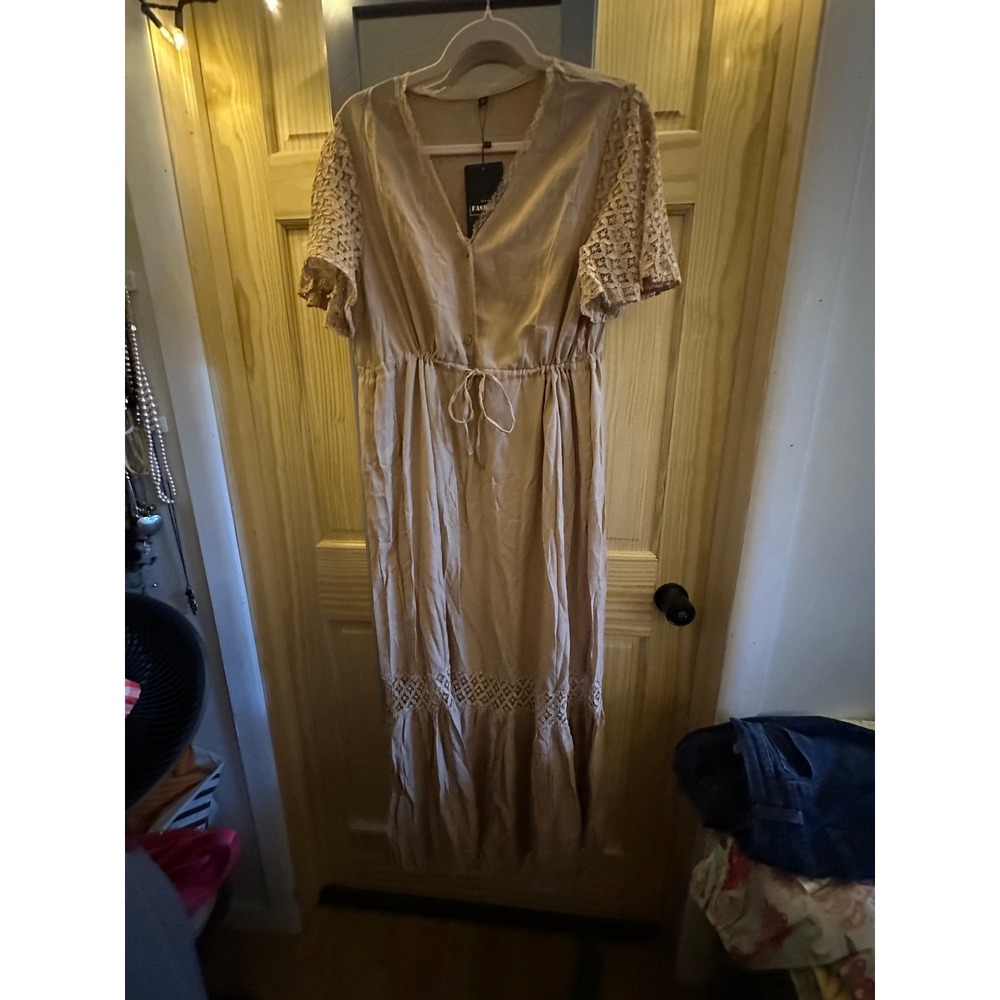 Fashion Womens Tan Bohemian Lace Crochet Sleeve Drawstring Maxi Dress Size S